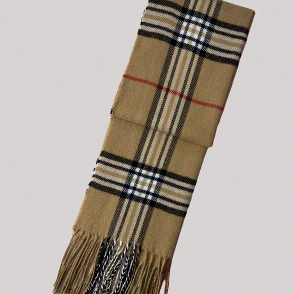 new Plaid Tan Scarf with Fringe unisex great Christmas gift Mom dad friend - Picture 4 of 4